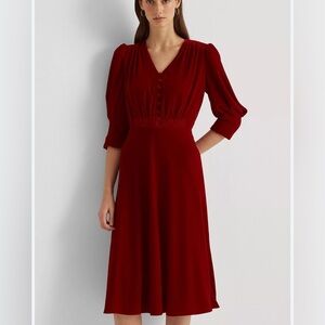 🆕New LAUREN Ralph Lauren  Velvet Puff-Sleeve Dress women Size 10   wine red